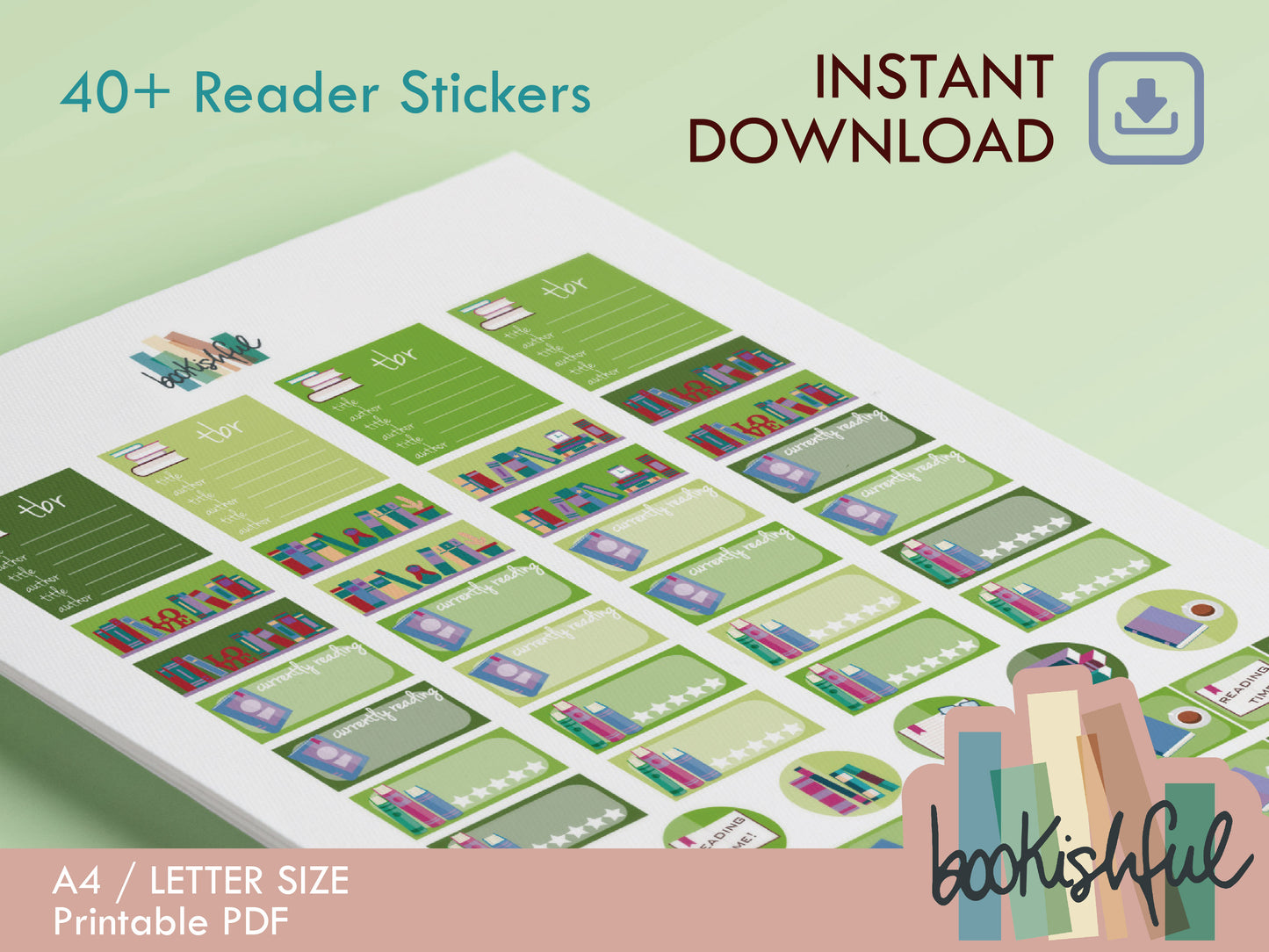The Reader Sticker Sheet – Spring Greens – Printable Bookish Stickers for Journals & Planners – TBR, Ratings and More! Instant Download PDF