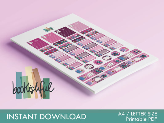 The Reader Sticker Sheet – Maroon and Pink – Printable Bookish Stickers for Journals & Planners – TBR, Ratings and More Instant Download PDF