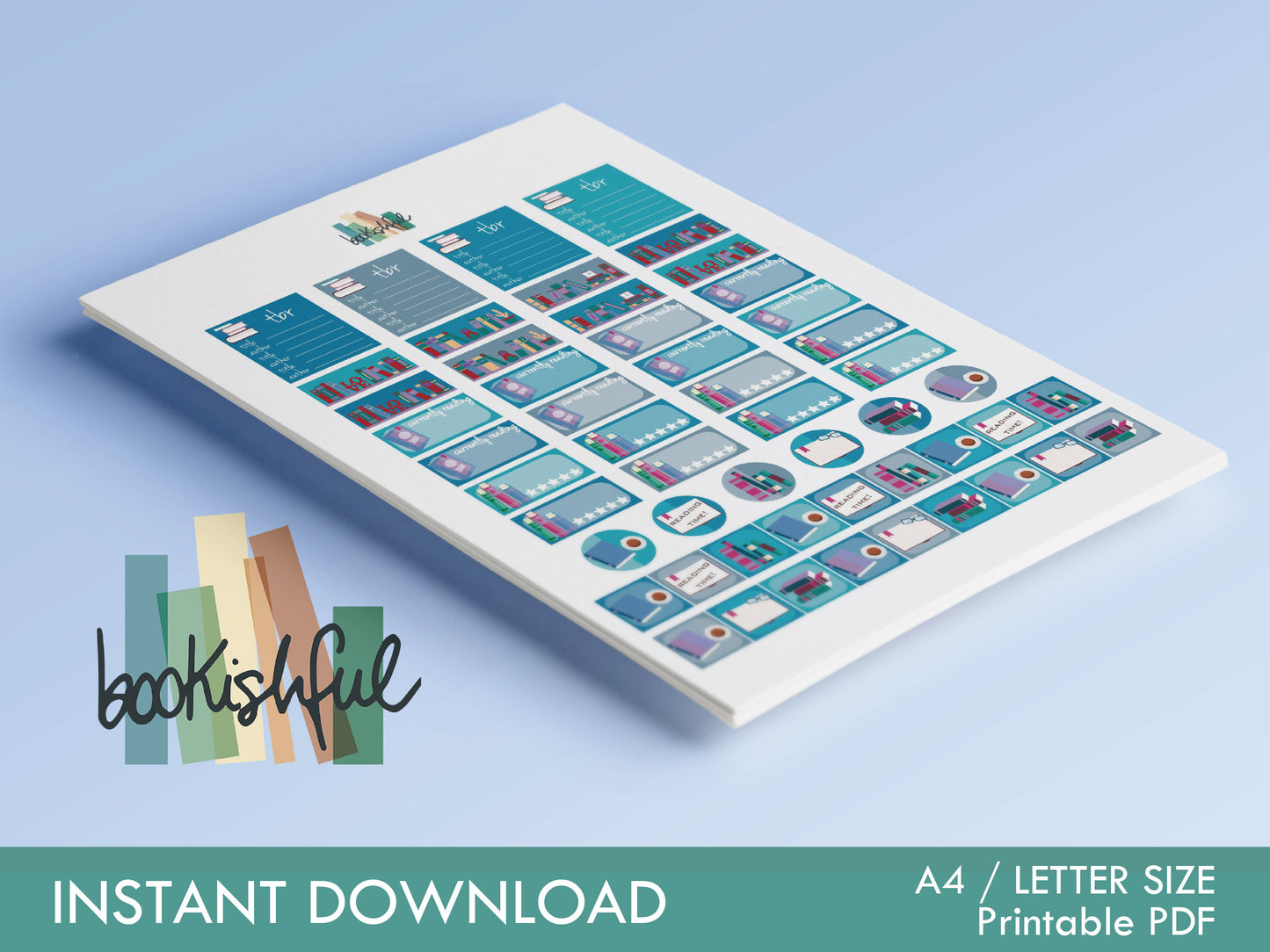 The Reader Sticker Sheet – Shades of Blue – Printable Bookish Stickers for Journals & Planners – TBR, Ratings and More! Instant Download PDF
