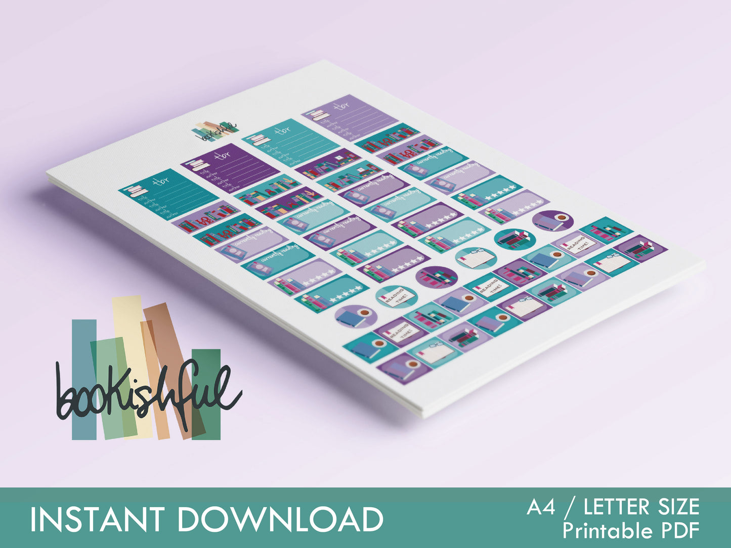 The Reader Sticker Sheet – Purple and Teal – Printable Bookish Stickers for Journals & Planners – TBR, Ratings and More! – Instant Download PDF