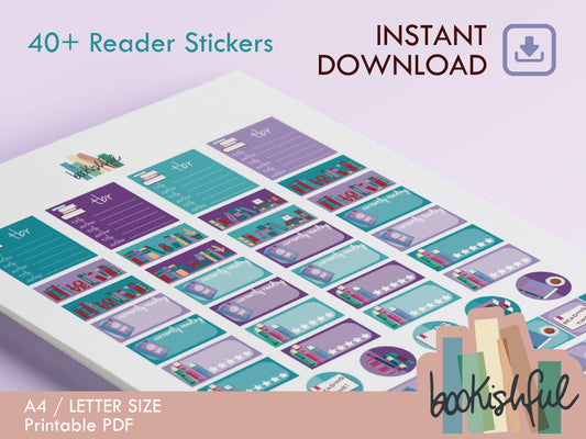 The Reader Sticker Sheet – Purple and Teal – Printable Bookish Stickers for Journals & Planners – TBR, Ratings and More! – Instant Download PDF
