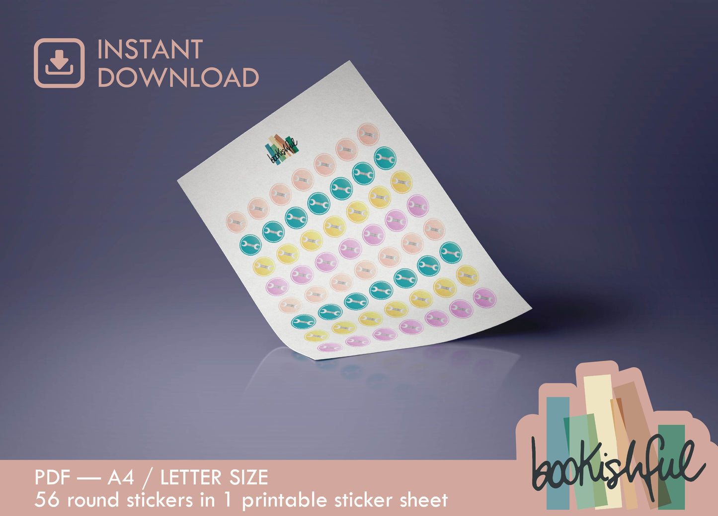 Printable Icon Stickers – Wrench Tool / House Work / Projects – Pastel Round Planner Stickers PDF – 56 Dots per Sheet – Instant Download PDF